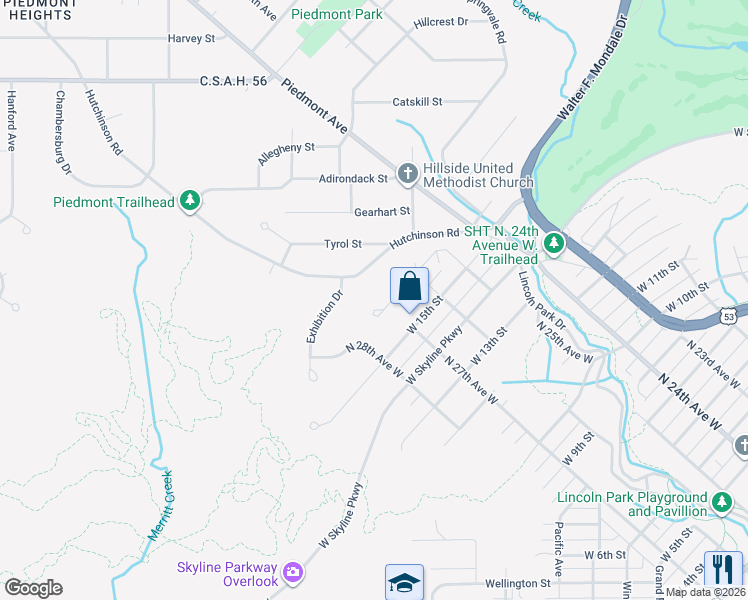 map of restaurants, bars, coffee shops, grocery stores, and more near 2628 West 16th Street in Duluth