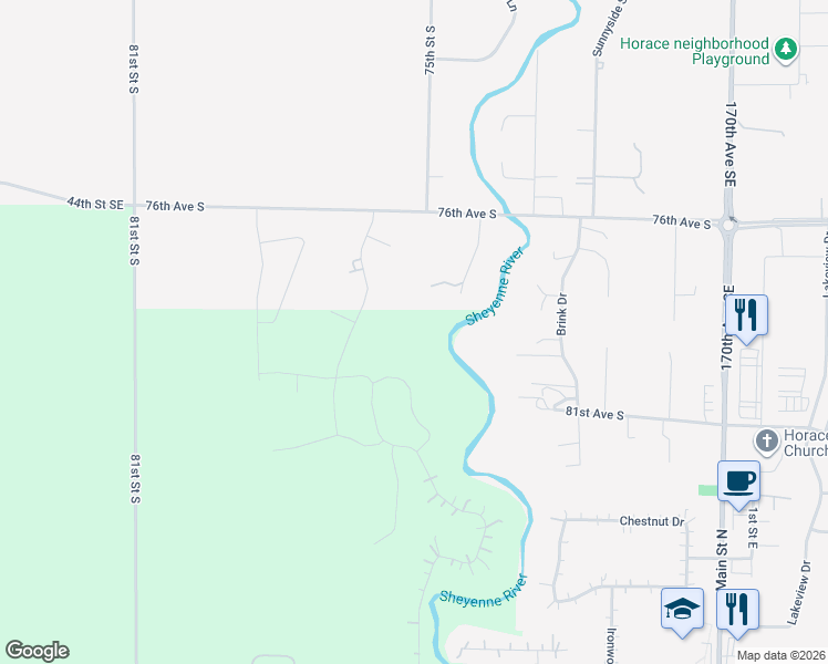 map of restaurants, bars, coffee shops, grocery stores, and more near 7635 Shadow Lane in Horace