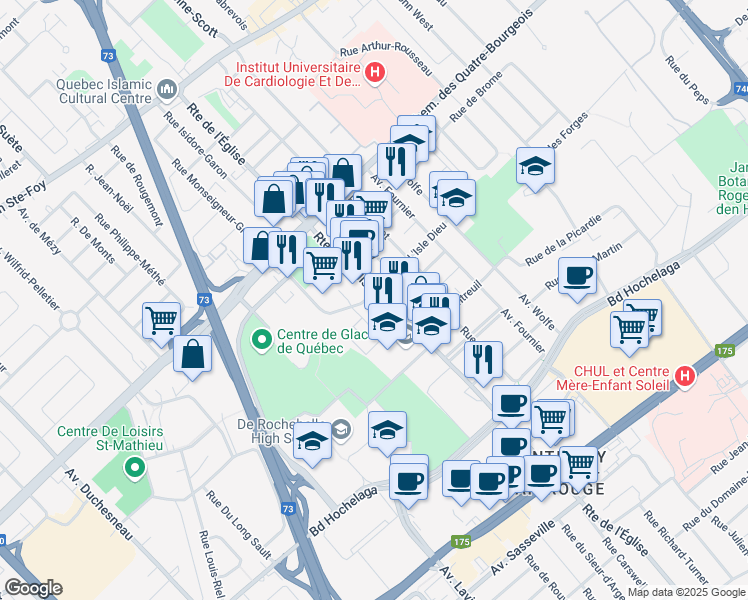 map of restaurants, bars, coffee shops, grocery stores, and more near 1000 Avenue Roland Beaudin in Quebec