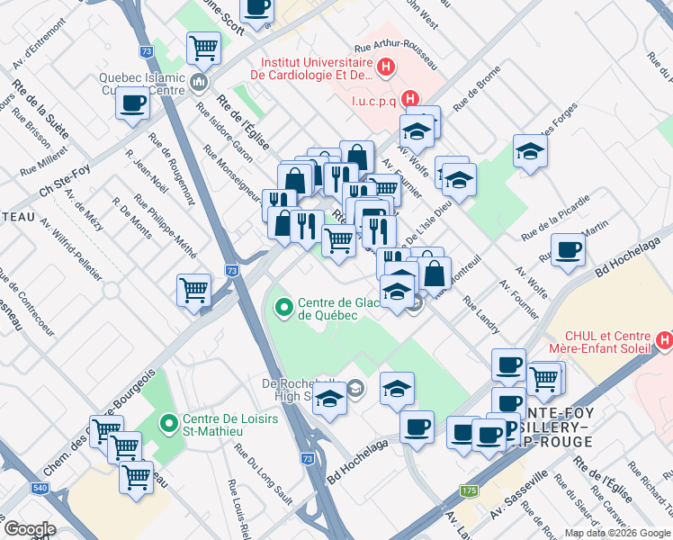 map of restaurants, bars, coffee shops, grocery stores, and more near 937 Avenue Roland-Beaudin in Québec City