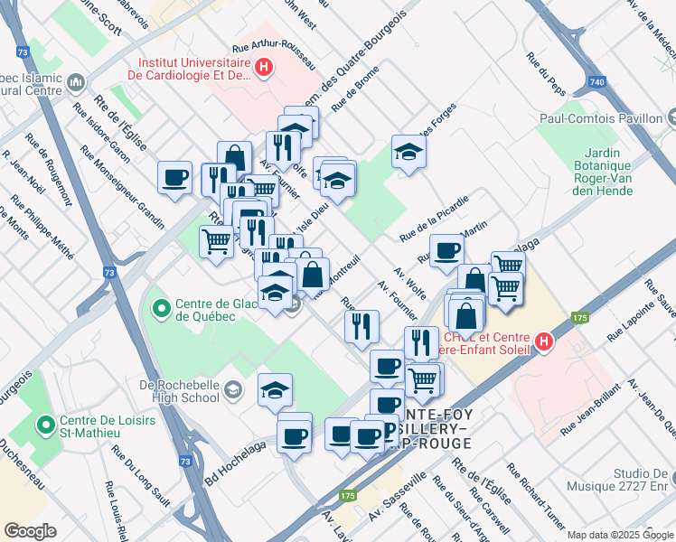 map of restaurants, bars, coffee shops, grocery stores, and more near 2840 Rue Montreuil in Ville de Québec