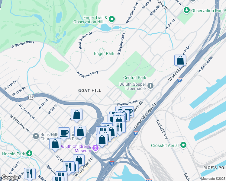 map of restaurants, bars, coffee shops, grocery stores, and more near 334 South 17th Avenue East in Duluth