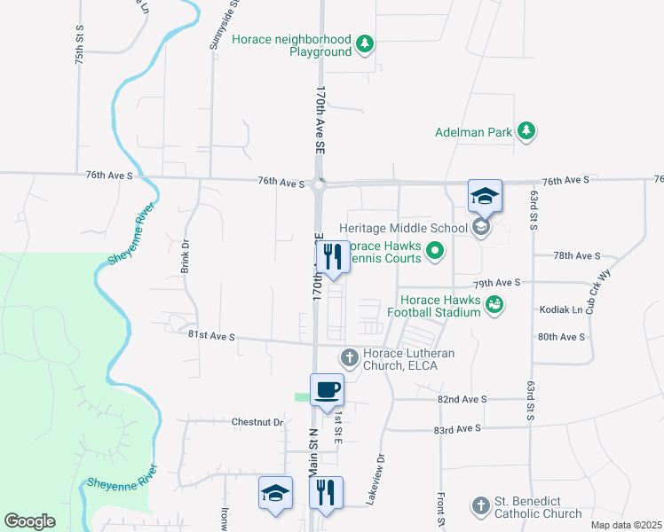 map of restaurants, bars, coffee shops, grocery stores, and more near 1099 County Road 17 South in Horace