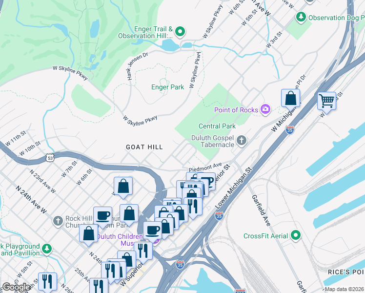 map of restaurants, bars, coffee shops, grocery stores, and more near 334 South 17th Avenue East in Duluth