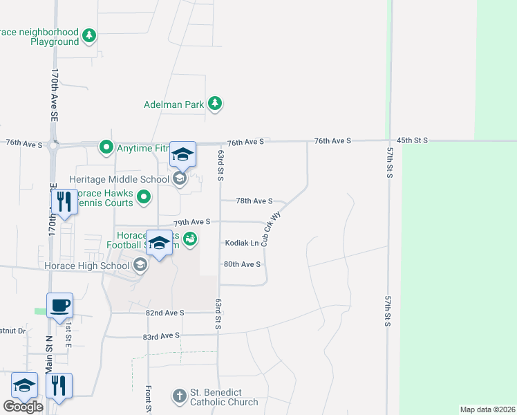 map of restaurants, bars, coffee shops, grocery stores, and more near 495 76th Avenue South in Horace