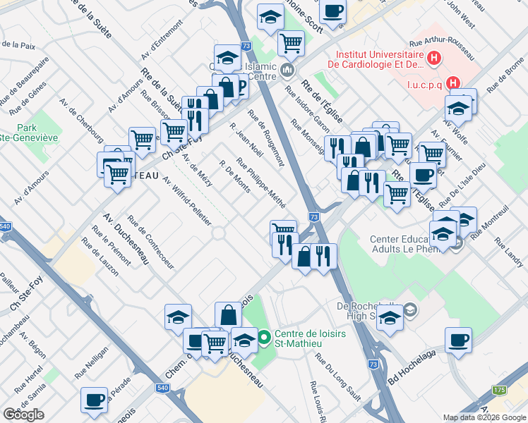 map of restaurants, bars, coffee shops, grocery stores, and more near 3050 Rue Michael-Connolly in Québec