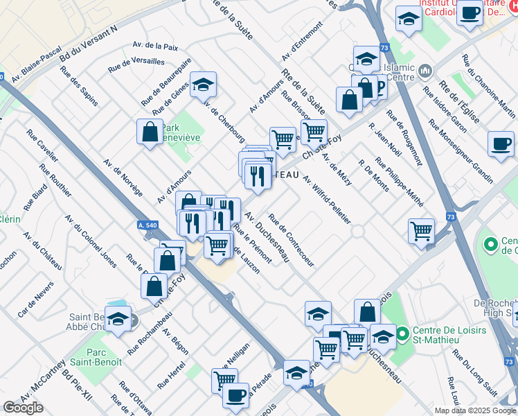 map of restaurants, bars, coffee shops, grocery stores, and more near in Québec City