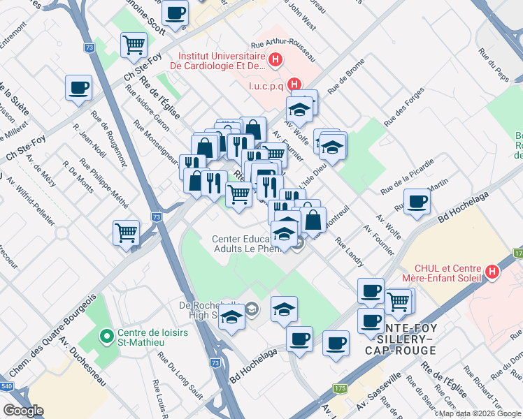 map of restaurants, bars, coffee shops, grocery stores, and more near 990 Route de l'Église in Québec