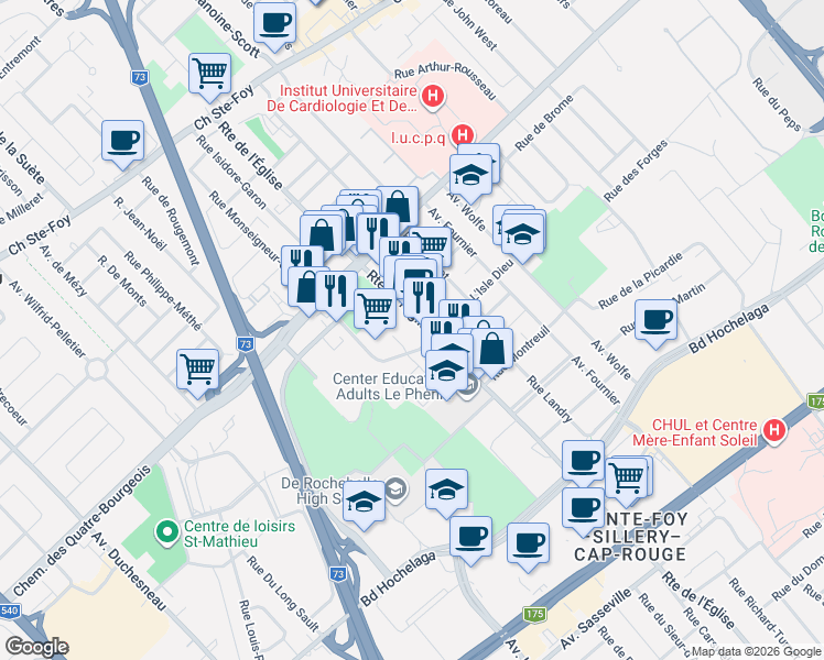 map of restaurants, bars, coffee shops, grocery stores, and more near 990 Route de l'Église in Québec