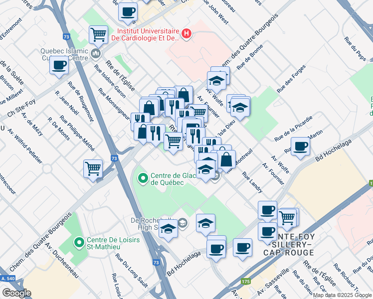 map of restaurants, bars, coffee shops, grocery stores, and more near in Québec City