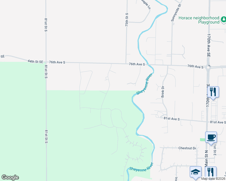 map of restaurants, bars, coffee shops, grocery stores, and more near 7634 Shadow Lane in Horace