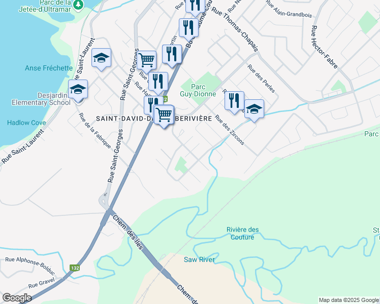 map of restaurants, bars, coffee shops, grocery stores, and more near 1249 Rue des Grenats in Levis