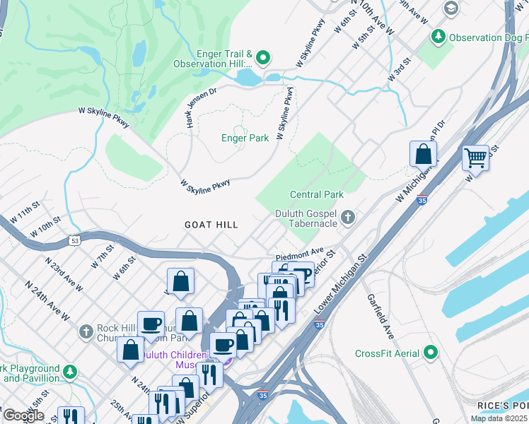 map of restaurants, bars, coffee shops, grocery stores, and more near 334 South 17th Avenue East in Duluth