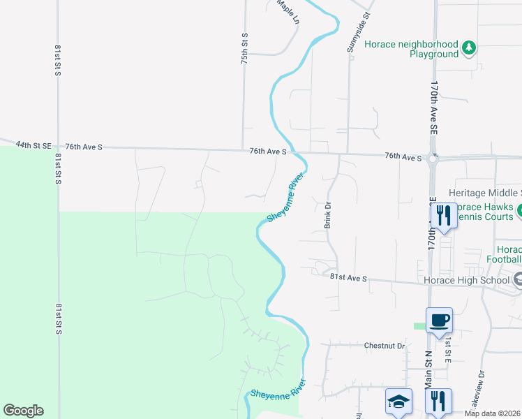 map of restaurants, bars, coffee shops, grocery stores, and more near 7634 Shadow Lane in Horace