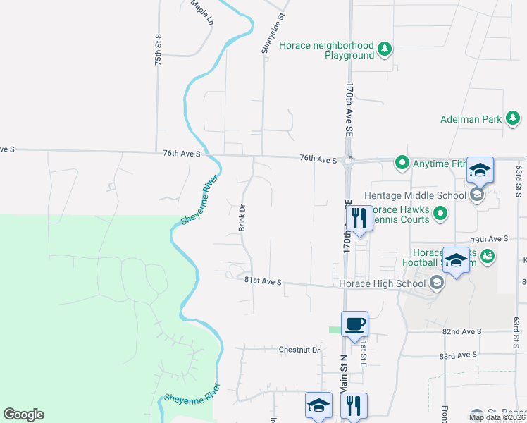map of restaurants, bars, coffee shops, grocery stores, and more near 7802 Brink Drive in Horace