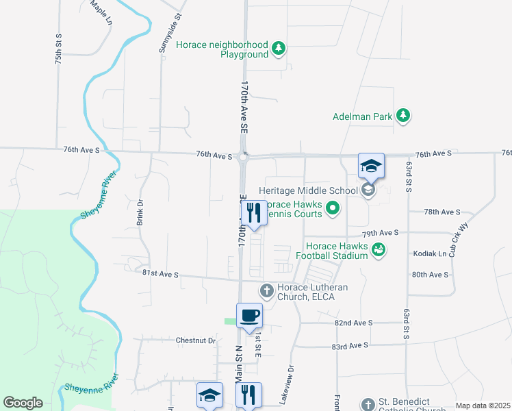 map of restaurants, bars, coffee shops, grocery stores, and more near 1099 County Road 17 South in Horace