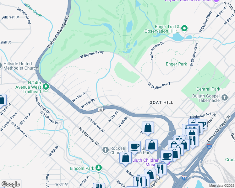 map of restaurants, bars, coffee shops, grocery stores, and more near 2009 W 8th St in Duluth