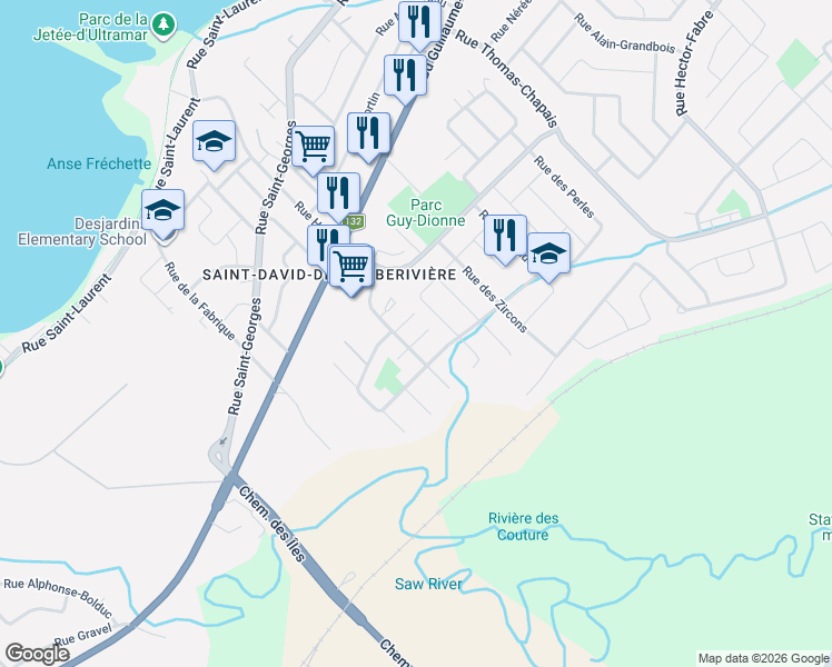 map of restaurants, bars, coffee shops, grocery stores, and more near 1234 Rue des Grenats in Lévis