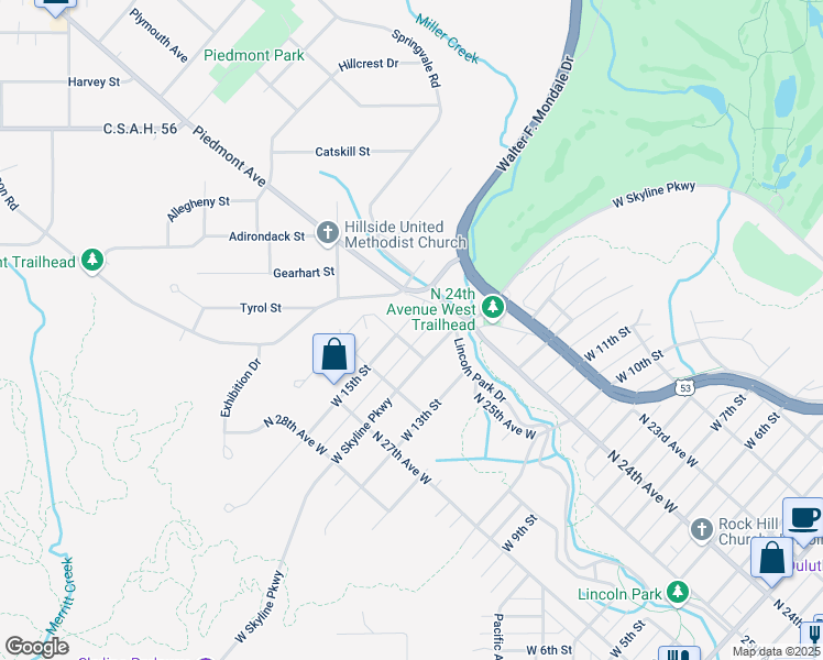 map of restaurants, bars, coffee shops, grocery stores, and more near 2428 West 15th Street in Duluth