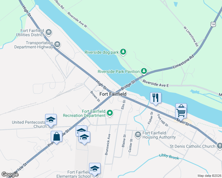 map of restaurants, bars, coffee shops, grocery stores, and more near in Fort Fairfield