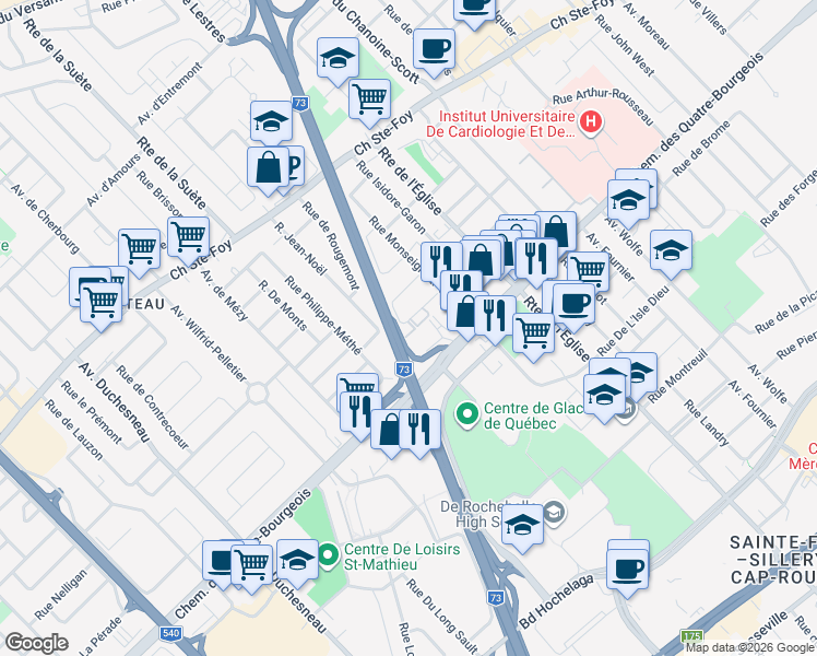 map of restaurants, bars, coffee shops, grocery stores, and more near 899 Rue de Beloeil in Quebec