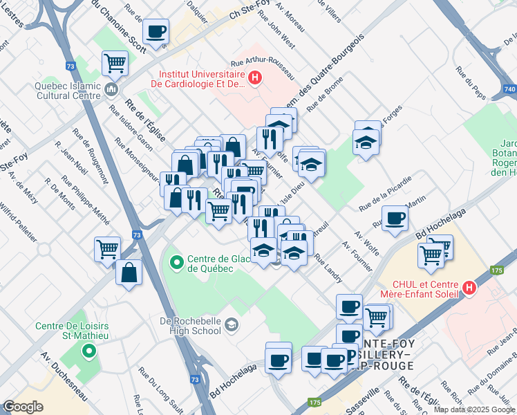 map of restaurants, bars, coffee shops, grocery stores, and more near 975 Rue Mainguy in Ville de Québec
