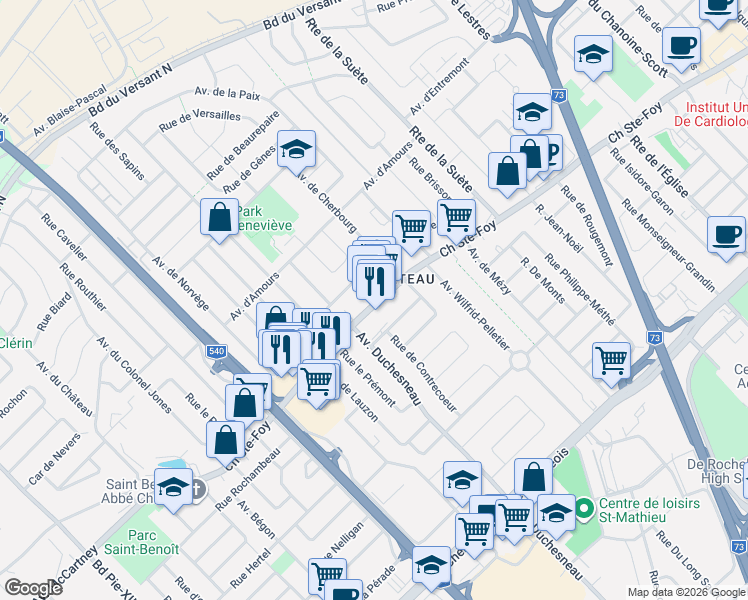 map of restaurants, bars, coffee shops, grocery stores, and more near 3188 Chemin Sainte-Foy in Québec