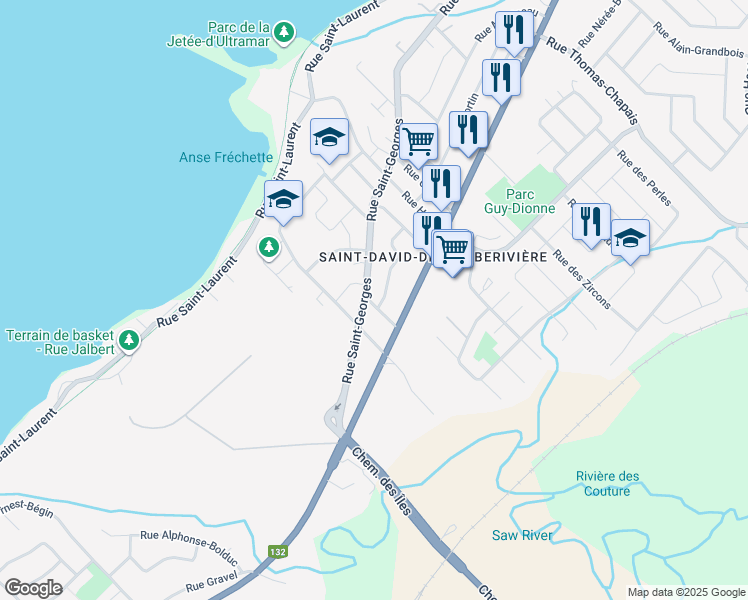 map of restaurants, bars, coffee shops, grocery stores, and more near 3 Rue Denis in Lévis