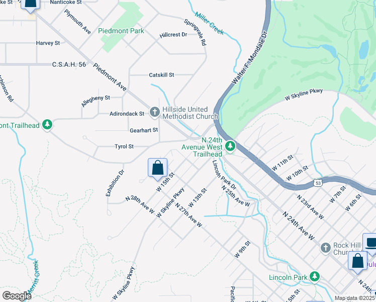 map of restaurants, bars, coffee shops, grocery stores, and more near 2428 West 15th Street in Duluth