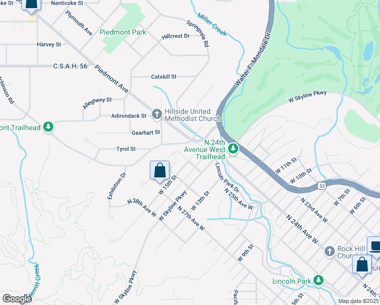 map of restaurants, bars, coffee shops, grocery stores, and more near 2428 West 15th Street in Duluth