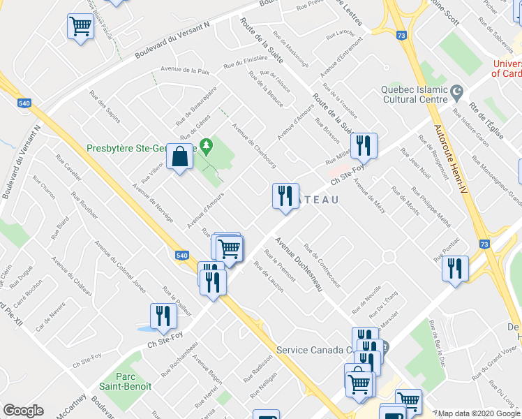 map of restaurants, bars, coffee shops, grocery stores, and more near 3204 Rue Milleret in Québec