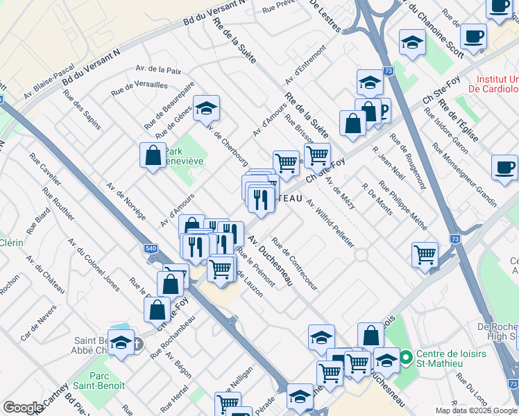 map of restaurants, bars, coffee shops, grocery stores, and more near 3188 Chemin Sainte-Foy in Québec