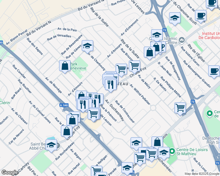 map of restaurants, bars, coffee shops, grocery stores, and more near in Québec City