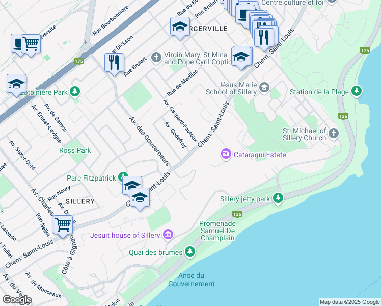map of restaurants, bars, coffee shops, grocery stores, and more near 2201 Chemin Saint Louis in Sillery