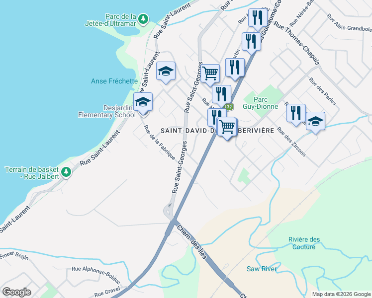 map of restaurants, bars, coffee shops, grocery stores, and more near 3822 Rue Saint-Georges in Lévis