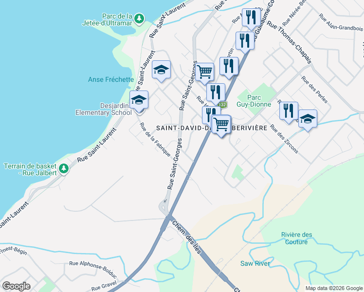 map of restaurants, bars, coffee shops, grocery stores, and more near 3822 Rue Saint-Georges in Lévis