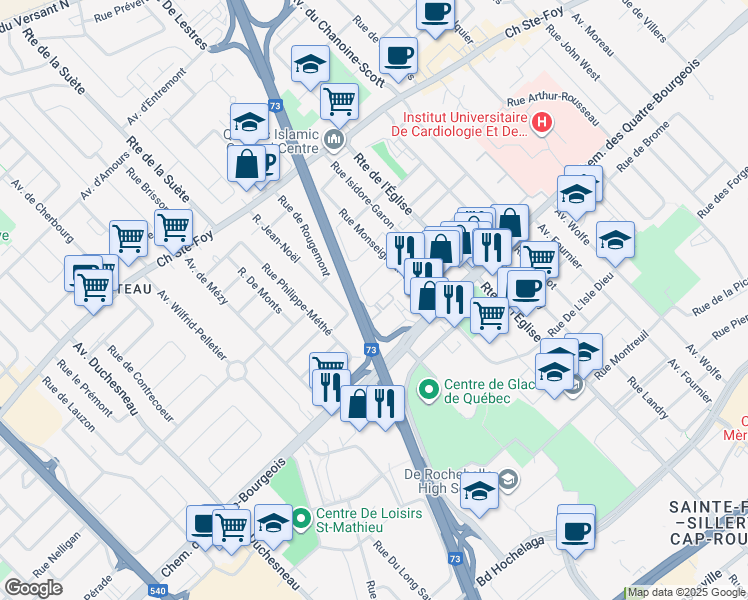 map of restaurants, bars, coffee shops, grocery stores, and more near 910 Rue de Beloeil in Quebec City