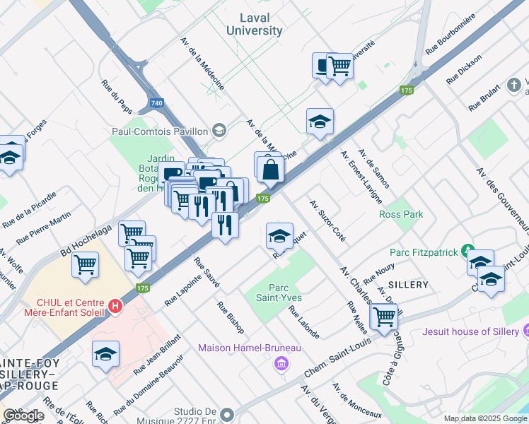 map of restaurants, bars, coffee shops, grocery stores, and more near 2445 Boulevard Laurier in Québec
