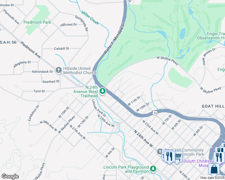 map of restaurants, bars, coffee shops, grocery stores, and more near 2247 West 13th Street in Duluth