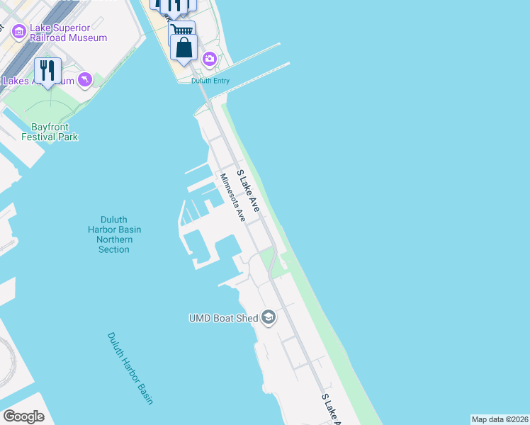 map of restaurants, bars, coffee shops, grocery stores, and more near 1026 Lake Ave S in Duluth