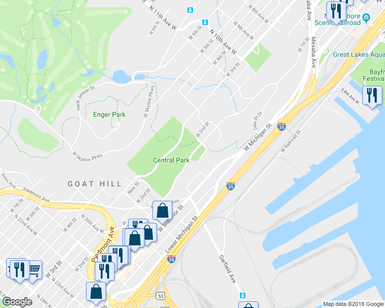 map of restaurants, bars, coffee shops, grocery stores, and more near 1432 West 1st Street in Duluth