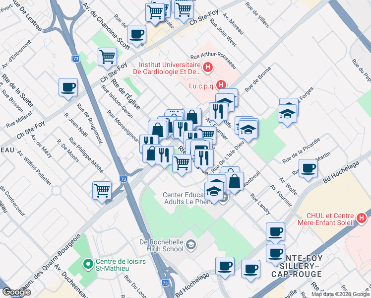 map of restaurants, bars, coffee shops, grocery stores, and more near 969 Route de l'Église in Québec