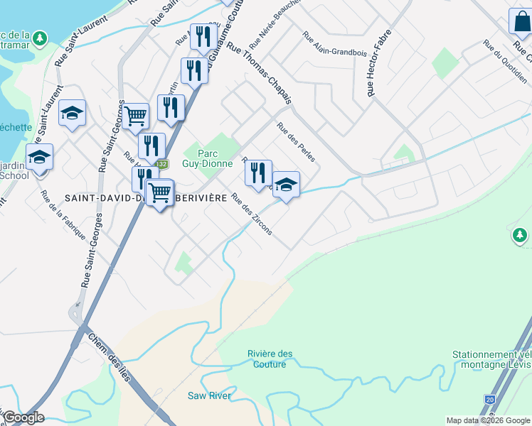 map of restaurants, bars, coffee shops, grocery stores, and more near 4185 Rue des Agates in Lévis