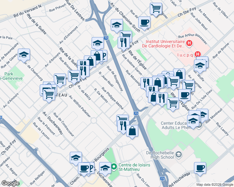 map of restaurants, bars, coffee shops, grocery stores, and more near 858 Rue Jean-Noël in Québec