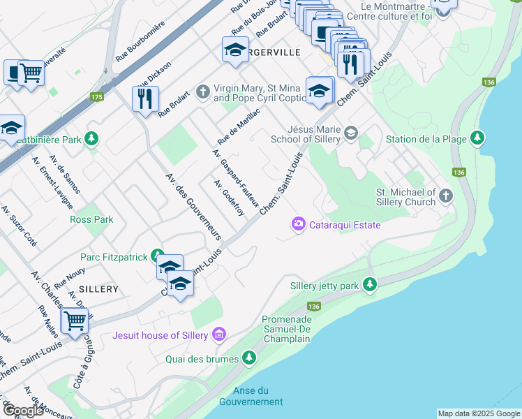 map of restaurants, bars, coffee shops, grocery stores, and more near 1460 Avenue Gaspard Fauteux in Quebec