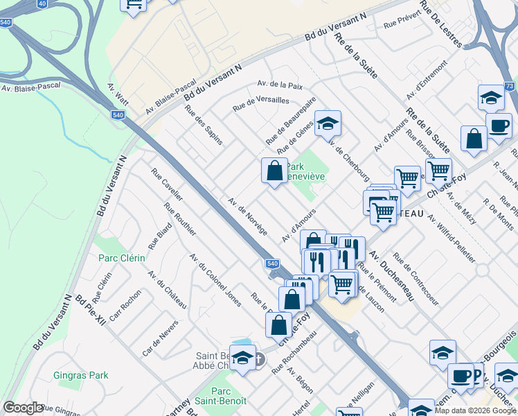 map of restaurants, bars, coffee shops, grocery stores, and more near 694 Rue des Mélèzes in Québec