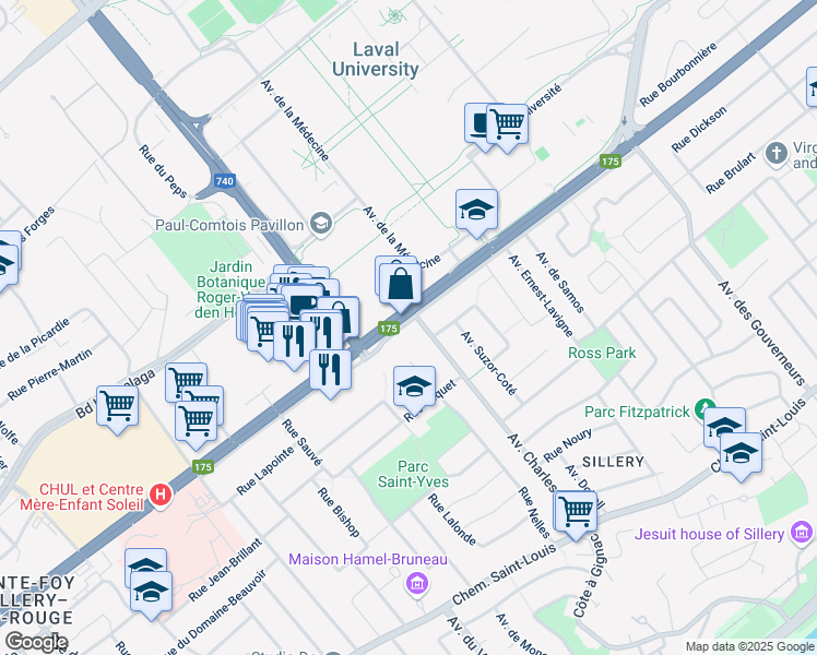 map of restaurants, bars, coffee shops, grocery stores, and more near 2445 Boulevard Laurier in Québec