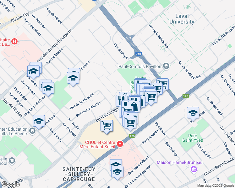 map of restaurants, bars, coffee shops, grocery stores, and more near 2589 Rue de la Bièvre in Ville de Québec