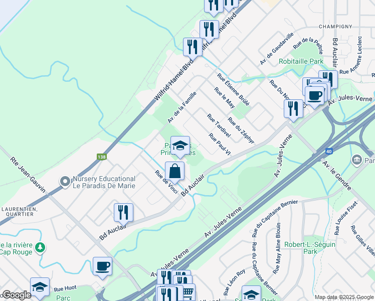 map of restaurants, bars, coffee shops, grocery stores, and more near 1459 Rue Félix Antoine Savard in Québec