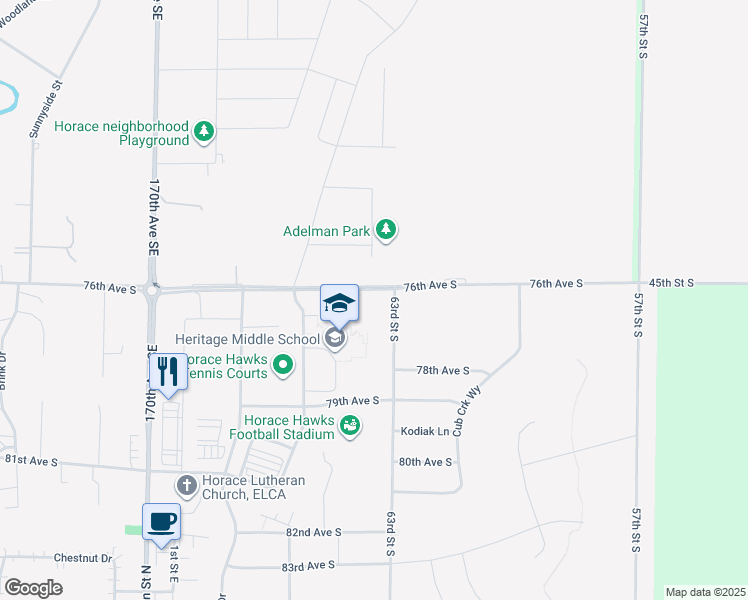 map of restaurants, bars, coffee shops, grocery stores, and more near 495 76th Avenue South in Horace